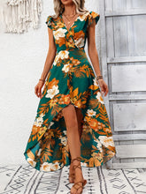 High-Low Printed Cap Sleeve Maxi Dress OutfitFlow